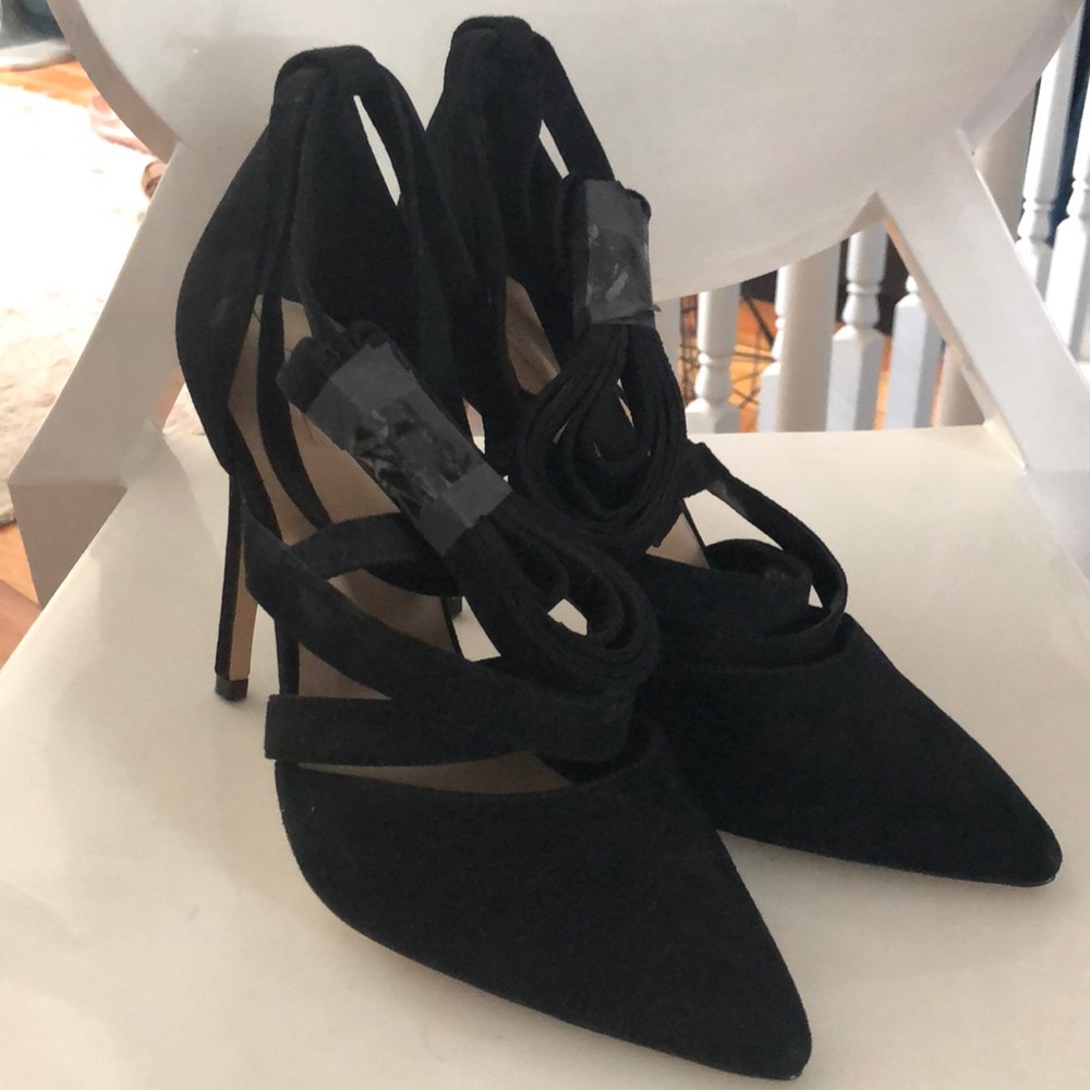 Aldo black suede ankle wrap heels
